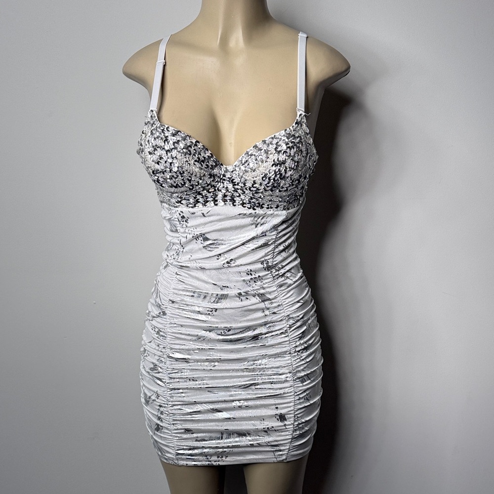 Windsor White Silver Sequin Ruched Bust Mini Dress